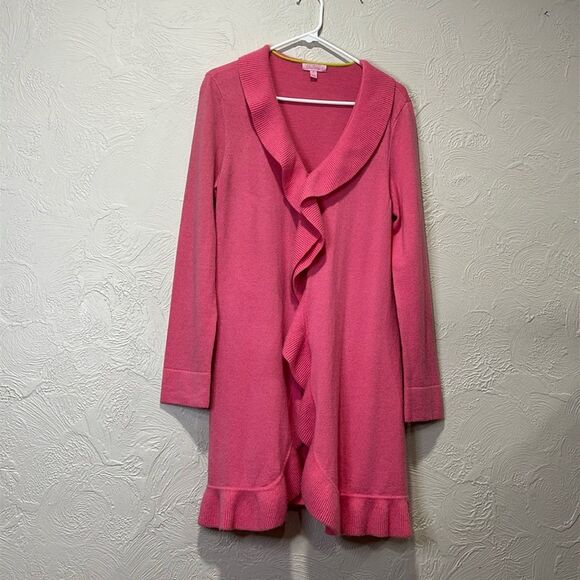 Lilly Pulitzer Lindsay Cashmere Pink Ruffle Trim Sweater Cardigan Size Medium - Picture 1 of 9